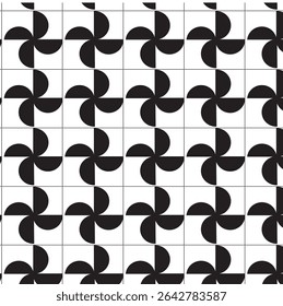 Este design de padrão geométrico abstrato apresenta uma impressionante coleção de ilusões ópticas em preto e branco dispostas em uma grade limpa e moderna. Cada seção apresenta semicírculos, quartos de círculo.
