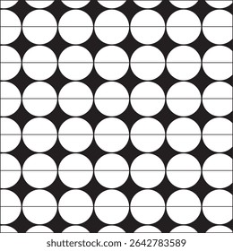 Este design de padrão geométrico abstrato apresenta uma impressionante coleção de ilusões ópticas em preto e branco dispostas em uma grade limpa e moderna. Cada seção apresenta semicírculos, quartos de círculo.