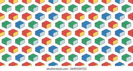This abstract geometric pattern features a tessellation of isometric cubes in red, blue, yellow, and green, creating a vibrant and organized visual.
