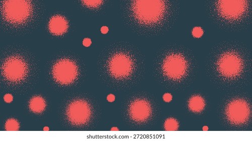 This abstract graphic design features vibrant red speckled circles of various sizes scattered across a dark, textured background, creating a dynamic and visually engaging pattern suitable for