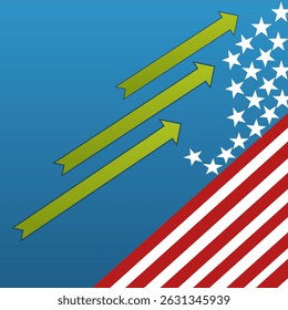 This abstract graphic represents upward growth or success, illustrated by green arrows pointing upward over a stylized American flag background.