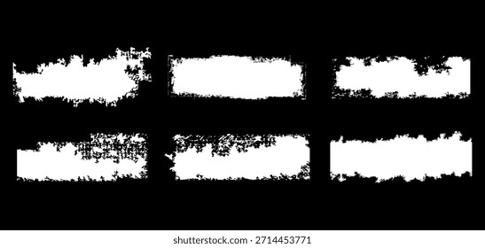 Este conjunto abstracto de rectángulo de trazo de pincel de pintura grunge presenta texturas de pincel ásperas y secas aisladas sobre un fondo negro. Perfecto para carteles, Anuncios, marcas, gráficos de redes sociales.