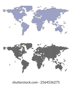 This abstract horizontal or vertical strip line world map vector design in infographics and digital cartography projects focuses on continents, countries, and connections.