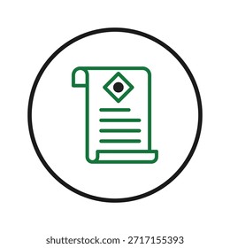 Este icono abstracto presenta un diseño estilizado de desplazamiento de documentos, presentado en verde y negro. Puede representar varios conceptos, incluyendo asuntos legales, papeleo, Acuerdos, certificados o cualquier