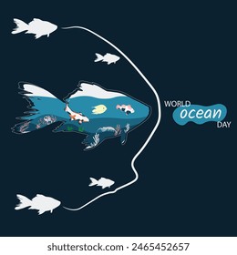 Este concepto de ilustración abstracta captura un grupo de peces nadando en fila, liderados por un pez grande, todos prosperando en un océano prístino. Muestra la armonía y pureza de la vida submarina
