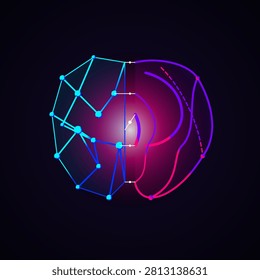 This abstract illustration depicts a human brain composed of two distinct halves. The left side features a blue geometric neural network with connecting nodes, while the right side displays vibrant magenta organic curves. A glowing center connects both hemispheres against a dark background, symbolizing artificial intelligence, deep learning, and cognition.