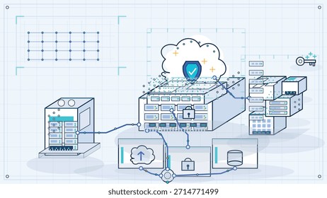Diese abstrakte Abbildung zeigt ein Netzwerk miteinander verbundener Rechenzentren und Cloud-Services, das den Schwerpunkt auf Sicherheit und Datenfluss legt. Sie stellt die Konzepte Cloud-Speicher, Datenschutz und sichere Netzwerkinfrastruktur heraus.