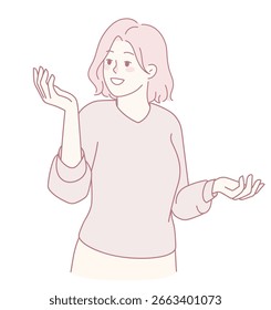 This is an abstract illustration featuring a cheerful woman who is engaging with expressive hand gestures