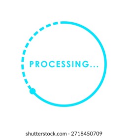 Esta ilustração abstrata mostra um estado comum de processamento ou carregamento. Uma barra de progresso circular azul claro dinâmica com um segmento pontilhado e um ponto ativo indica claramente o avanço. A palavra PROCESSING... é exibida de forma destacada no centro. Ele é perfeito para interfaces de usuário modernas, design de web, aplicativos móveis e plataformas digitais para transmitir o status de espera ou computação de forma eficaz.