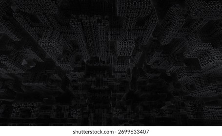 Esta imagem abstrata apresenta um fundo escuro com intrincados padrões geométricos. A textura complexa cria um efeito visualmente interessante e misterioso. Perfeito para fundos.