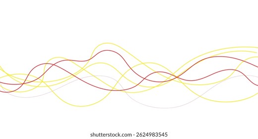 This abstract image features a dynamic interplay of intertwined yellow and burgundy lines against a pure white background.