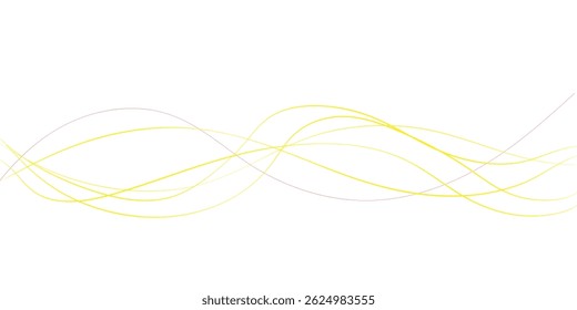 This abstract image features a dynamic composition of flowing, slightly overlapping yellow and mauve lines on a plain white background.
