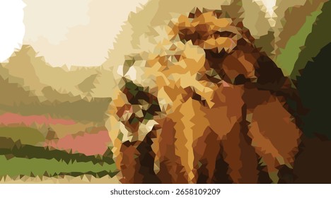 This abstract image features fragmented polygonal shapes in a palette of earthy tones, including shades of brown, gold, green, and a hint of pink. 