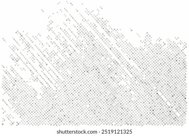 Esta imagem abstrata apresenta um padrão de meio-tom de pontos cinzas, organizados em um gradiente diagonal. Os tamanhos variados de pontos criam uma sensação de profundidade e movimento contra um fundo branco limpo.