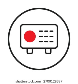 Esta imagem abstrata apresenta uma interface de dispositivo eletrônico estilizado com um círculo vermelho proeminente e elementos de linha simples. O design utiliza uma abordagem minimalista dentro de uma forma geométrica. Evoca um