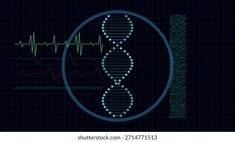 Esta imagem abstrata apresenta uma representação estilizada de uma dupla hélice de DNA rodeada por um quadro circular, ao lado de formas de onda de eletrocardiograma (ECG) e uma coluna de dados pixelada. O fundo escuro em forma de rede evoca um senso de tecnologia e dados científicos.