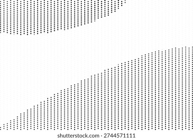 This is an abstract image featuring a minimalist design composed of small black dots arranged in vertical lines. These lines create a textured effect, forming diagonal patterns that are interrupted by a large, clean white space in the center. The contrast between the dense dot patterns and the stark white area gives the image a modern and graphic feel. It appears to be a digital or graphic design element, possibly for use as a background or texture.