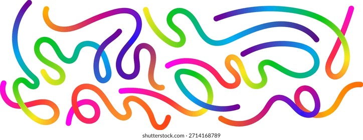 Esta imagem abstrata apresenta uma coleção animada de linhas irregulares e onduladas, cada uma renderizada com um gradiente suave de cores do arco-íris. As linhas, que lembram rabiscos ou fios coloridos, torcem e caem