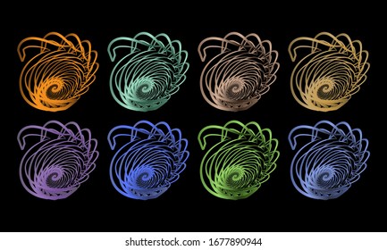 Este diseño de líneas abstractas está hecho de una forma sencilla que se transforma en una forma más compleja, colorida y única. Es adecuado para iconos, símbolos, logos, fondos o plantillas.