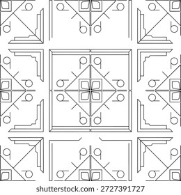 Dieses abstrakte Linienkunstbild zeigt ein nahtloses, sich wiederholendes geometrisches Muster auf weißem Hintergrund. Das Design zeichnet sich durch präzise schwarze Linien aus, die eine komplexe Anordnung von Quadraten, Dreiecken und kreisförmigen Elementen bilden. Im Kern jedes wiederholten Moduls befindet sich ein quadratisches Motiv, das von einem 'X' geschnitten wird, mit kleineren quadratischen oder kreisförmigen Formen an seinen Scheitelpunkten. Um diese zentralen Elemente herum entstehen aufwändige eckige Strukturen, die sich gegenseitig reflektieren und ergänzen und so eine visuell ansprechende und harmonische Komposition schaffen. Das Muster hat eine saubere, minimalistische Ästhetik, sodass es für verschiedene dekorative und gestalterische Anwendungen geeignet ist.