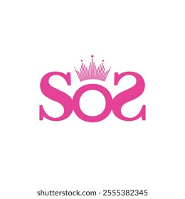 This is an abstract logo design of initial SOS in pink color with a crown above letter O in flat style that looks beautiful on a white background for boutique shop logo