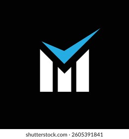 this is an abstract logo design of a letter M in graph bar shape in white color with a blue check mark on top of it. The design looks clean in a black background.