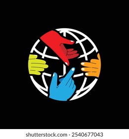 This is an abstract logo design that depicts a white globe with four hands with different hand signs and colors on a black background that symbolizes diversity

