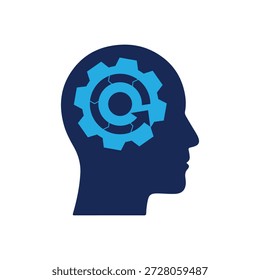 Este es un diseño de logotipo abstracto que representa una cabeza humana con un engranaje y una flecha circular en él que simboliza el pensamiento de procesamiento que se puede utilizar para el logotipo relacionado mental o psicológico.