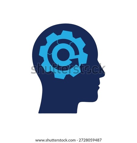 this is an abstract logo design that depicts a human head with a cog and circular arrow in it symbolizing processing thought that can be used for mental or psychological related logo.