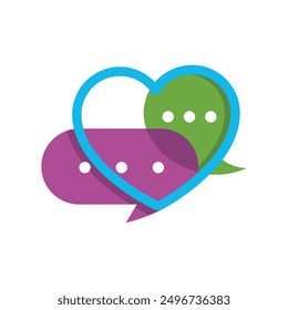 This is an abstract logo image of a blue heart shape and two speech bubbles in purple and green on a white background.