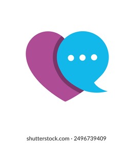 This is an abstract logo image of a purple heart shape and a blue speech bubble with three white dots on a white background