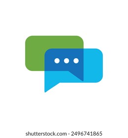 This is an abstract logo image of two speech bubbles connect each other in blue and green color with three white dots on a white background.