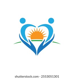 Este es un logotipo abstracto de un par de personas abstractas en un par de manos que forma una forma de corazón en color azul con una Imagen de salida del sol en el medio