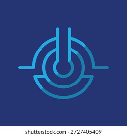 Dies ist ein abstraktes Logo, das einen runden Kreisformenumriss darstellt, der wie eine Wiedergabetaste in blauer Farbe auf dunkelblauem Hintergrund geformt ist