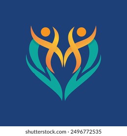 This is an abstract logo of two hands holding two abstract persons on their palms forming a heart shape on a dark blue background.