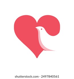 This is an abstract logo of white dove or pigeon on a red heart shape on a white background that symbolizes love peace and care