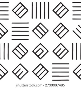 Este fondo minimalista abstracto muestra un patrón geométrico limpio compuesto de cuadrados delineados, diamantes y Elementos de línea paralela. Los trazos negros llamativos se asientan sobre una superficie suave y blanquecina, creando una textura equilibrada y moderna con un ritmo visual tranquilo. El estilo de línea dibujado a mano agrega un toque orgánico sutil mientras mantiene un aspecto estructurado y contemporáneo. Su paleta monocromática hace que el diseño sea altamente versátil para fondos, Fondos de pantalla, textiles, marcas, empaques y diseños digitales. El patrón de repetición sin costuras funciona perfectamente para el uso de impresión y Web, ofreciendo una textura elegante y creativa que se adapta a proyectos de diseño modernos, mínimos y artísticos en múltiples industrias.