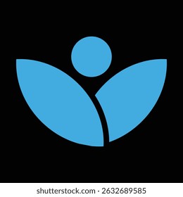 This abstract minimalist design features a crescent arc intersected by a diagonal upward arrow with a dot above, suggesting motion, progress, and human-centered growth.