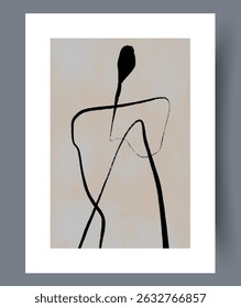 This Abstract Minimalist Line Art depicts a Human Figure in elegant Black and Beige shades