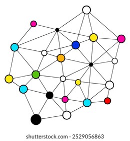 This abstract network design features colorful dots connected in a dynamic pattern, perfect for tech-inspired visuals, web designs, and modern digital projects.