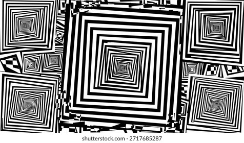 Esta peça de arte abstrata de ilusão óptica mostra um padrão hipnótico em preto e branco. O design apresenta uma série de quadrados aninhados criando um efeito de túnel e uma perspectiva distorcida visualmente.