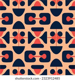 This abstract pattern combines vibrant blue and red hues with geometric shapes. Reminiscent of 70s design, it exhibits an art deco influence.