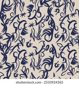 This abstract pattern features bold blue brushstrokes on a soft beige background, creating a sense of movement and flow. The random yet harmonious strokes evoke artistic freedom and creativity