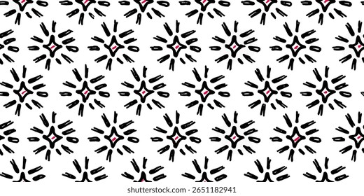 This abstract pattern features a repeating motif of starburst shapes. Each starburst has bold black brush strokes radiating outwards from a central diamond with a vibrant magenta fill.