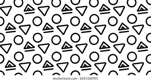 This abstract pattern showcases a repeating arrangement of bold black circles and triangles on a clean white background. The geometric shapes are simple yet visually striking.