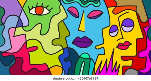 This abstract piece is a dynamic mix of colors and emotions, blending interwoven human faces in a visual symphony. Each shade has a different story.