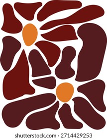 Esta pieza abstracta muestra Formas florales de color marrón terroso y naranja radiante, creando un patrón moderno y orgánico sobre un fondo blanco brillante.