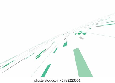 This abstract a receding geometric grid composed of teal and gray rectangles of varying sizes. The shapes are arranged in a perspective view, creating a sense of depth and motion as they diminish towards a vanishing point in the distance. The background is predominantly white, with the colored appearing to emerge from or dissolve into the blank space, giving it a clean and digital aesthetic.