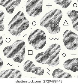 Este fundo sem costura abstrato apresenta formas orgânicas desenhadas à mão combinadas com símbolos geométricos mínimos e texturas de linha de estilo de esboço. O padrão de repetição inclui bolhas irregulares preenchidas com traços diagonais, criando um design de superfície artístico moderno. Ícones simples, como círculos, quadrados, triângulos e linhas, adicionam contraste e equilíbrio visuais. A paleta monocromática em preto-e-branco oferece um visual limpo, contemporâneo e intemporal. Ideal para papéis de parede, impressões têxteis, padrões de tecido, embalagem, branding, papelaria, papel de embrulho, fundos da web e layouts criativos. Esta textura sem costura funciona bem para projetos de design minimalista, moderno, artístico e abstrato.