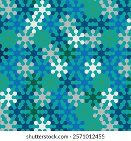 This abstract seamless pattern features a modern metaball design with organic floral shapes in shades of blue, green, and white.